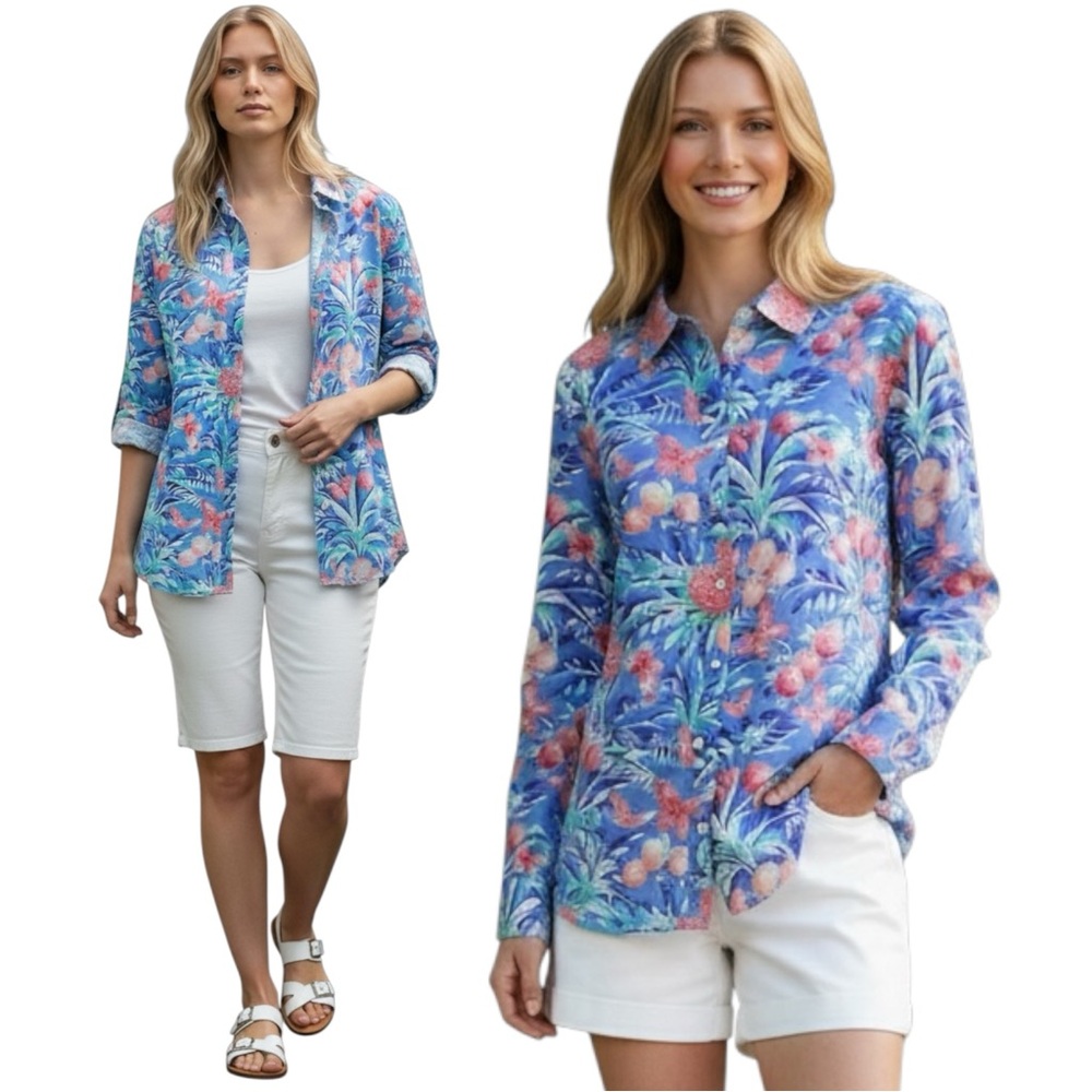 TALBOTS Factory Ratti Tropical Print Cotton Button Up Shirt - Women’s Medium